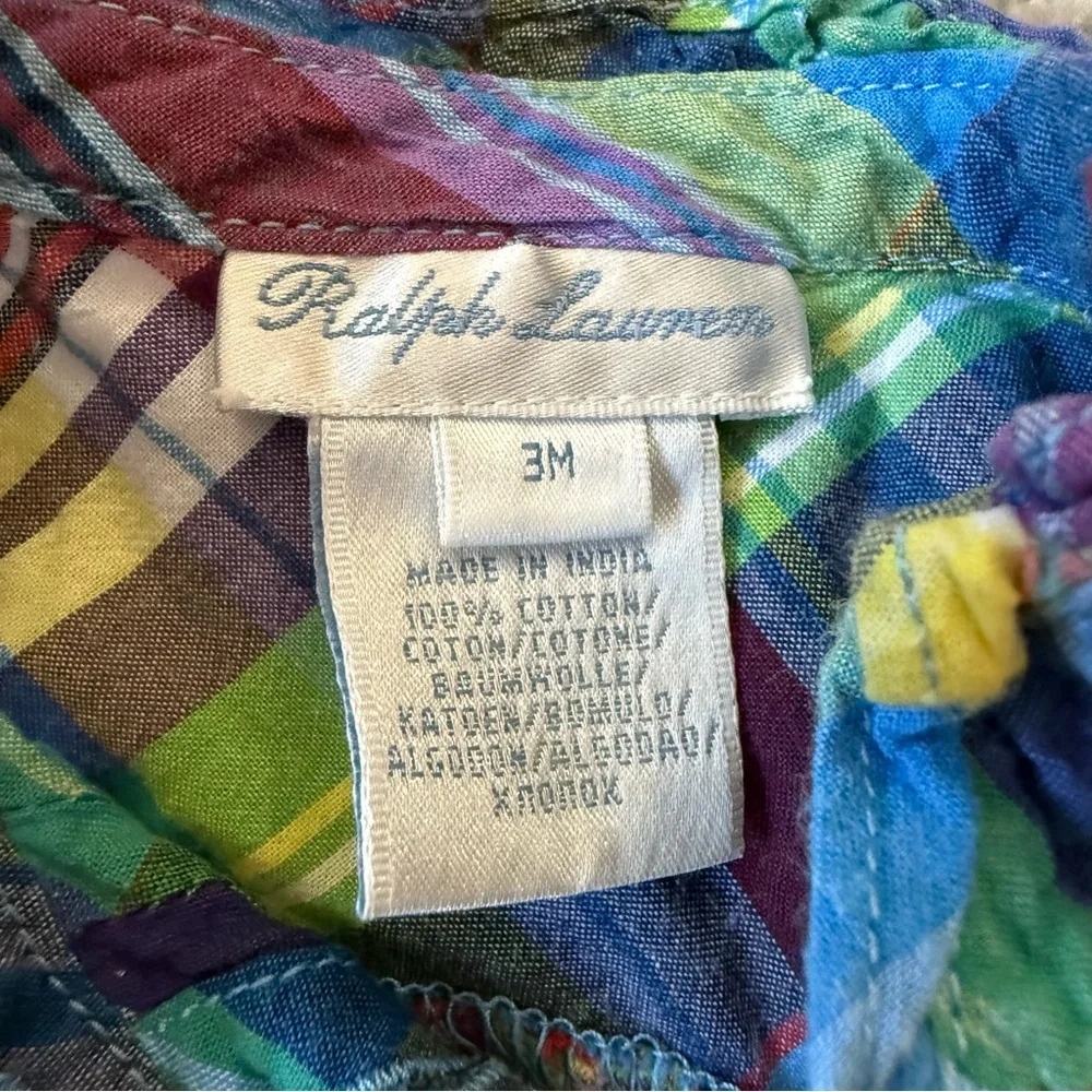 Ralph Lauren Baby Dress 3M Multicolor‎ Madras Plaid Ruffle Trim Monogram Buttons